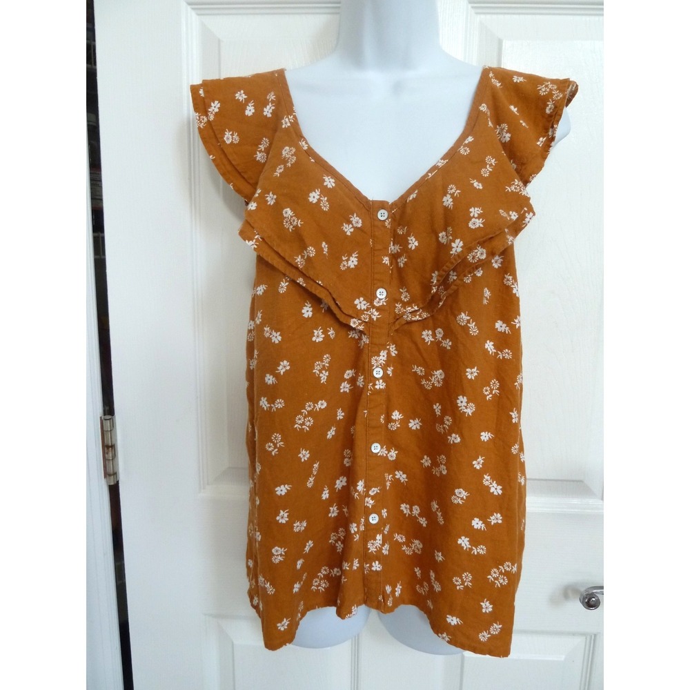 Old Navy Women Medium Mustard Yellow Floral Linen Blend Ruffle V-Neck Blouse